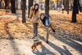 Autumn walks with the family. Happy family mother and teen boy son having fun with cocker spaniel puppy in autumn park Royalty Free Stock Photo