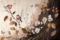 autumn wallpaper dried floral branches with cotton flower bamboo butterflies and birds in beige and gold Royalty Free Stock Photo