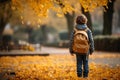 Autumn wanderlust Little boy with backpack strolls through park Royalty Free Stock Photo