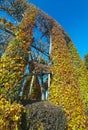 Autumn warm colors. Camouflaged hunting cabin surrounded by trees and hedges