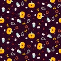 Autumn warm seamless vector pattern with pumpkins and coffee drinks.