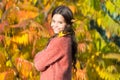 Autumn warm. Stylish smiling girl in a autumn park. Indian summer period of unseasonably warm dry weather. Autumn nature