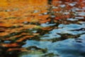 Autumn water background with orange and red leaves reflection. waves at sea surface