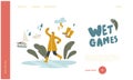 Autumn Water Games Landing Page Template. Happy Female Character Running on Puddles in Rainy Day, Woman Run under Rain Royalty Free Stock Photo