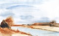 Autumn watercolor blurred landscape. Daytime view of faded fall nature. Slow flow of river, stunted vegetation and dim silhouettes