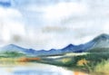 Autumn watercolor blurry landscape. Cloudy sky, dim blue silhouettes of high mountains, calm surface of lake and thick forests Royalty Free Stock Photo