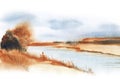 Autumn watercolor blurry landscape. Daytime view of faded fall nature. Brown bank of slow river with stunted vegetation and dim