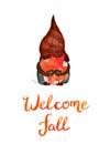 Autumn watercolor card. Funny gnome, maple leaf with lettering text Welcome fall