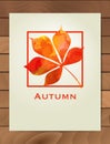 Autumn watercolor chestnut leaf in a square frame. Background with hand drawn autumn leaves. Sketch, design elements. Vector illus