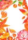 Autumn watercolor greeting card or wedding invitation design template with fall leaves, branches, flowers, and a place