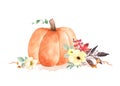 Autumn watercolor illustration with orange pumpkins and flowers leaves