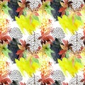 Autumn watercolor japanese maple leaf and doodle seamless pattern Royalty Free Stock Photo