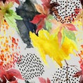 Autumn watercolor japanese maple leaf and doodle seamless pattern Royalty Free Stock Photo