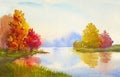 Autumn watercolor landscape illustration with trees with vibrant foliage, river or lake water surface with reflections Royalty Free Stock Photo