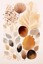 Autumn watercolor painting with leaves and spots in earthly neutral tones. Vertical printable wall art