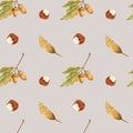 Autumn watercolor pattern with plants and chestnut. Design for wrapping, magazine and textile.