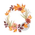 Autumn watercolor wreath on splash background with flowers, leaves, doted circles.