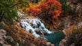 Autumn Waterfall in a Canyon, Fall Foliage, Flowing Water, Nature Royalty Free Stock Photo