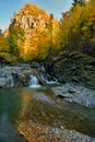 Autumn waterfall and creek woods with yellow trees foliage and r