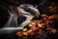 Autumn waterfalls with colorful leaves and rocks in the forest. Royalty Free Stock Photo