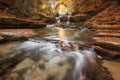 Autumn waterfalls near Sitovo, Plovdiv, Bulgaria. Beautiful cascades of water with fallen yellow leaves. Royalty Free Stock Photo