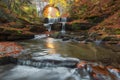 Autumn waterfalls near Sitovo, Plovdiv, Bulgaria. Beautiful cascades of water with fallen yellow leaves. Royalty Free Stock Photo