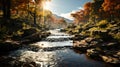 Autumn waterfalls scenery at sunny day