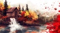 Autumn Watermill Painting