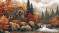 Autumn Watermill Painting