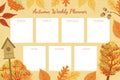 Autumn Weekly Planner Template, Week Calendar Schedule with Bright Autumnal Leaves Vector Illustration