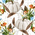 Autumn White Pumpkin, Herbs, Orange Tulips, Mushrooms And Blue Flowers Seamless Pattern.