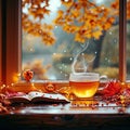 Autumn, Window with cup of tea, flowers and decors. Generative AI