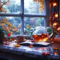 Autumn, Window with cup of tea, flowers and decors. Generative AI