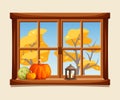 Autumn window with yellow trees outside. Cartoon vector illustration