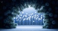Glowing Blue Christmas Tunnel with Frosted Pine Branches Royalty Free Stock Photo