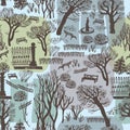 Autumn City Park with trees, benches, fountain seamless pattern.