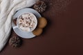 Autumn and winter concept. Top view of cup of cocoa with marshmallows, cookies, white sweater, pine cones and snow on brown 