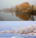 Morning Beautiful colored trees with lake in autumn, landscape photography. Late autumn and early winter period. Outdoor and natur Royalty Free Stock Photo