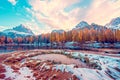 Autumn-winter landscape on Lago Antrno, Dolomites, Italy in past Royalty Free Stock Photo