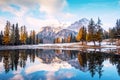 Autumn-winter landscape with lake  on Lago Antrno, Dolomites, Italy in pastel colors Royalty Free Stock Photo