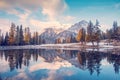 Autumn-winter landscape with lake on Lago Antrno, Dolomites, It Royalty Free Stock Photo