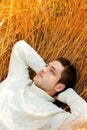 Autumn winter man portrait laying in golden grass Royalty Free Stock Photo