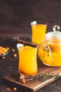 Autumn or winter sea buckthorn drink. Sea Buckthorn tea, selective focus. Still life, food and drink, seasonal and holidays