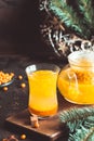 Autumn or winter sea buckthorn drink. Sea Buckthorn tea, selective focus. Still life, food and drink, seasonal and holidays