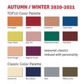 Autumn / Winter 2020-2021 trendy color palette. Fashion color trend. Palette guide with named color swatches. Saturated and
