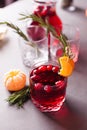 Autumn or winter warming drink - mulled wine, grog or hot cranberry mors with citrus and rosemary, option way of serving