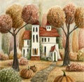 Autumn witch house with pumpkins, trees and forest.