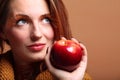 Autumn woman apple fashion female eye-lashes Royalty Free Stock Photo