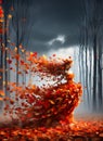 autumn woman fairy in a windswept forest under a brooding, cloud-laden sky, dress from cascading layers of vibrant, falling autumn