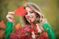 Autumn woman with fall yellow maple leaf, outdoor portrait. Beautiful model with autumn leaves, fall yellow maple in Royalty Free Stock Photo
